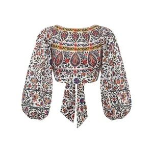 Boteh Linen Long Sleeve Tie Back Crop Top Sz 6US Boho Peasant Cochella